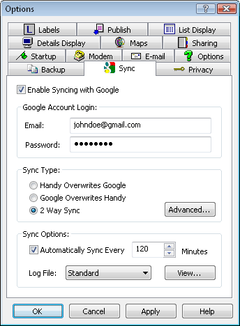 Contact Sync Options Dialog