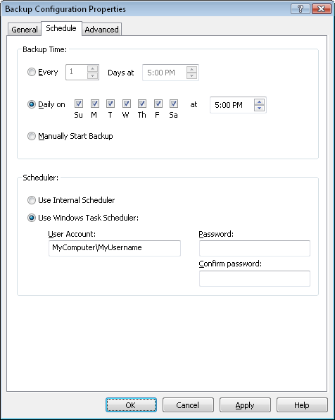 backup schedule properties