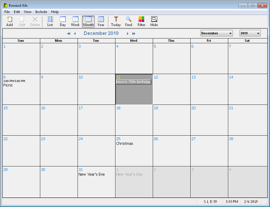 month calendar view