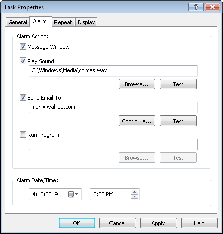 alarm task properties