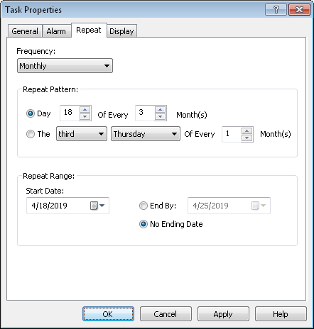 repeat task properties